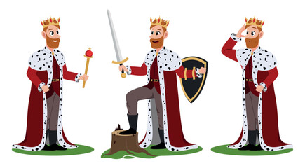 Vector illustration of a cute and handsome king on a white background. Charming character of a king in a royal robe standing with a royal scepter, with a shield and a sword, saluting in cartoon style.