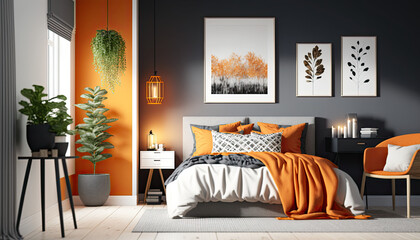 Orange modern home interior bedroom with painting, Scandinavian style, generative ai