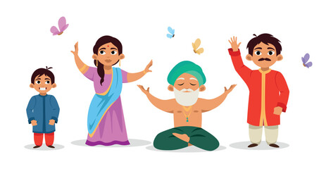 Vector illustration of a cute Indian family on white. Charming characters in different poses: a child, a woman, a grandfather in a yoga pose, a man dressed in Indian clothes, a sari, in cartoon style.