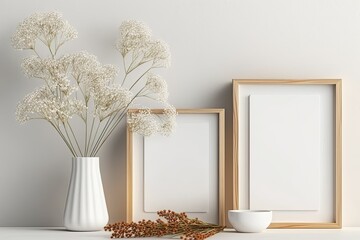 Artwork, photo, print, and painting mockups in vertical and square wooden frames. White wall, vase, and dry gypsophila. Minimalist decor. Generative AI