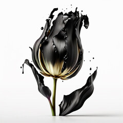 Black tulip with splash isolated on white background. 3d illustration