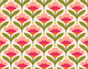 Abstract retro floral seamless pattern. Vector vintage flower art deco texture. Geometric minimalist background. - 574785982