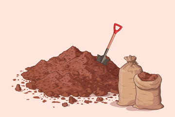 Big pile of earth. The shovel is stuck in the ground. Vector illustration. Design elements for gardening, agriculture, farm. Fertile loose soil for growing plants. Drawn style.