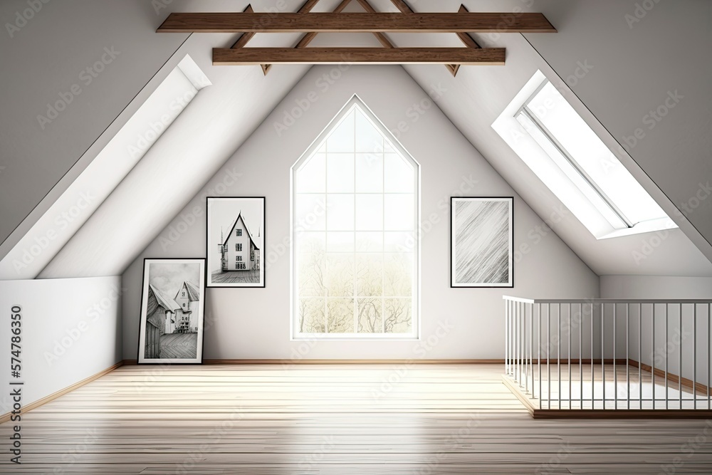 Poster Attic loft with windows, stairwell, and hardwood floor. illustration mockup. Generative AI