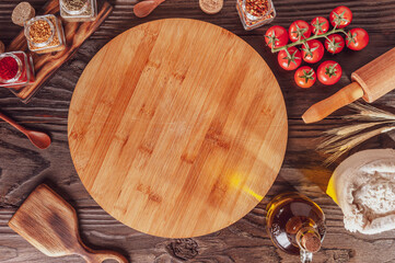 Pizza wooden cutting board empty. Top view.