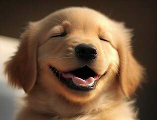 Portrait of happy and smiling cute golden retriever puppy dog. Generative AI.