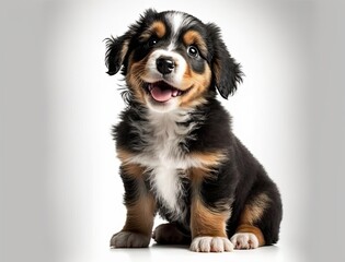 Portrait of happy and smiling cute puppy dog isolated on white background. Generative AI.