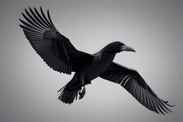 isolated black and white illustration of a flying bird crow front. Generative AI