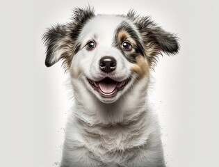 Portrait of happy and smiling cute border Collie puppy dog isolated on white background. Generative AI.