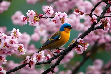 Fototapeta premium The bird standing on cherry blossom branch. Generative AI