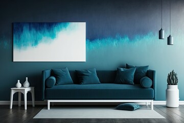 Couch with blue accents and blank painting walls. shelves with lighting for decoration. art or painting mockup. an opulent lounge area. Generative AI