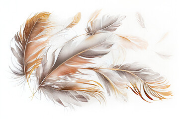Delicate bird feathers, pastel drawing on a white background. Abstract illustration, design element. Generative AI.