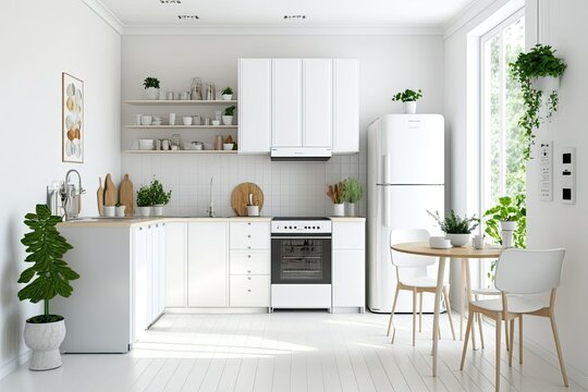 Scandinavian minimalist kitchen with daylight. White furniture, tiny refrigerator, stove with utensils, extractor hood, shelves with potted plants, morning curtains. Generative AI