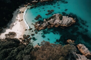 Fototapeta na wymiar Drone shot of a beautiful beach at an exotic island, generative AI