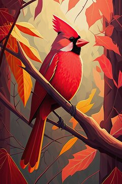 Abstract painting of beautiful male red cardinal in garden. Virginian cardinal on the branch among leaves in forest. Generative AI art.