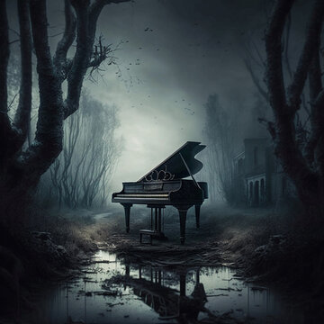 A gloomy image of a piano in the Gothic style. High quality illustration
