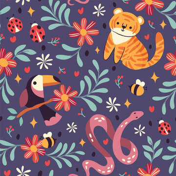 Vector seamless pattern with cute snakes, tiger, and toucan and botanical elements. Hand drawn illustration with cartoon style for print, fabric, textile. © Daniela Iga