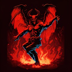 Devil with wings standing on flames from burning ground