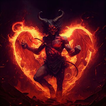 Devil dancing on flame heart background