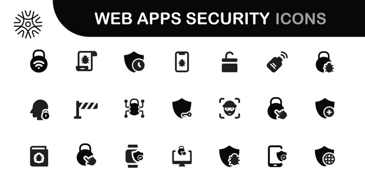 web app security icon set. Security line icons set. Cyber lock, unlock, password. Guard, shield, home security system icons. Eye access, electronic check, firewall Internet, Lines with editable stroke