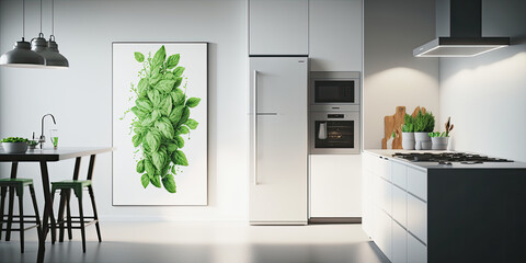 generative ai illustration, mock up of a white modern kitchen with basil wall image