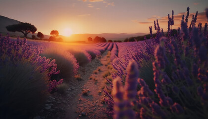 Fototapeta na wymiar Stunning landscape with lavender field at sunset ,made with