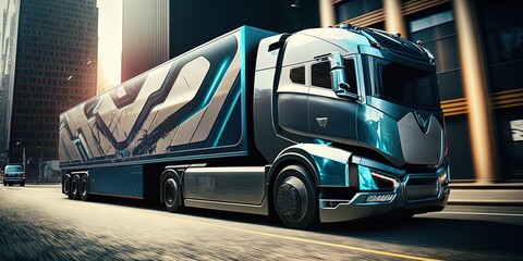 beautiful futuristic truck in the city in the background, generative ai