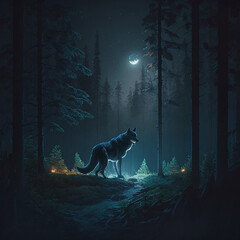 The Wolf in the night forest. High quality illustration