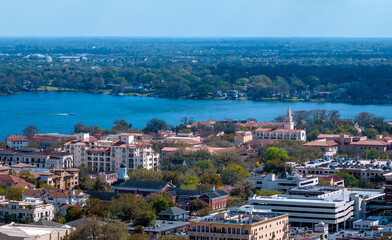 Aerial view of Winter Park, Florida, USA. February 22, 2023.  Lake Virginia and Rollins College