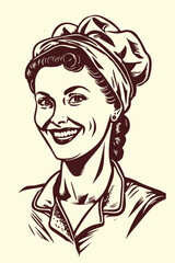 Hand drawn woman waiter chef with hat. Vintage engraving style woodcut vector illustration. Eps 10