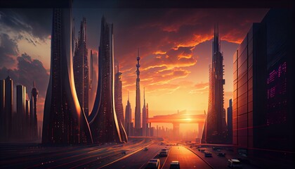 Obraz na płótnie Canvas A futuristic cityscape with sleek and modern buildings and a dramatic sunset sky, photorealistic, insanely detailed, hyper realistic, super detailed, photography generative AI