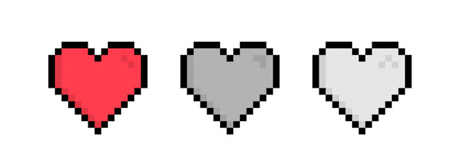 Naklejka premium Pixel heart icon collection. Colorful 8 bit heart set. Live stream video, chat, likes, love symbol . Social media. Vector illustration