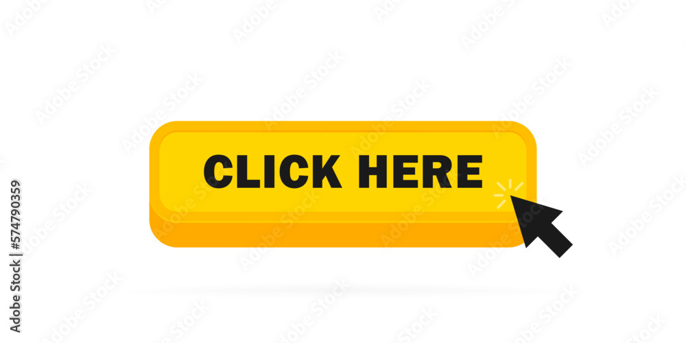 Poster click here button with arrow pointer clicking. modern colorful 3d button for web and mobile app. vec