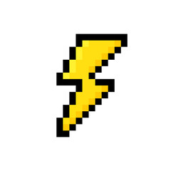 Obraz premium Pixel lightning bolt. 8 bit pixel art thunderbolt, lightning strike. Vector illustration