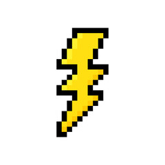 Pixel lightning bolt. 8 bit pixel art thunderbolt, lightning strike. Vector illustration