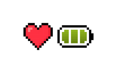 Pixel 8 bit heart with battery. Battery with charge and health level. Concept of Health scale. Gaming controller. Vector illustration