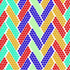 Braid seamless pattern with small dots. Knots. Repeat. Mosaic. Abstract art. Wrapping paper, print, textile, fabric. Red, orange and different blue colors. 