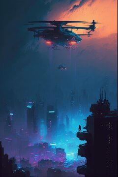 neon-lit city skyline humming with aerial drones digital art poster AI generation.