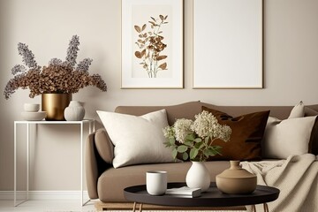 A comfy apartment's living room features a stylish decor with a brown sofa, a glass vase filled with flowers, a basket, a pillow, and fine accents. Home staging concept in the minimalist style. gray