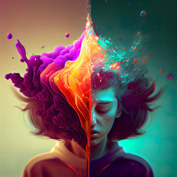 colorful person with a creative mind, exploding mind, inner world, dreams, emotions, imagination and creative mind concept. Ai generated