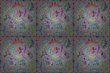 Seamless pattern with interesting doodles on colorfil background. Pano. Raster illustration.