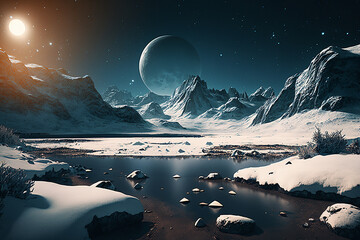 Surrreal space landscape, Outer space Mountains with snow and planets, Generative AI