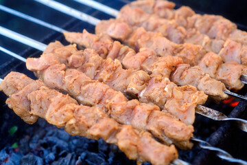 Delicious meat skewers on brazier during picnic