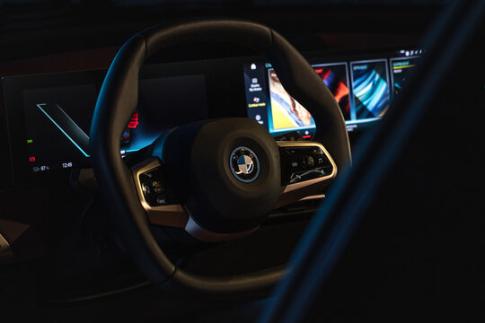 BMW iX 2023 new electric car from the German brand. 
Interior detail, dashboard.