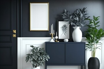 Modern Scandinavian decor with mock-up photo frames, navy blue commode, flowers in vase, and stylish accessories. Interior design. Room. Template Usable. Generative AI