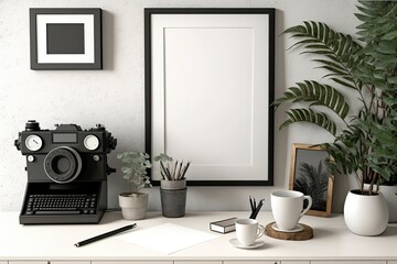 Stylish workspace with blank poster frame, camera, supplies, and copy space. Generative AI
