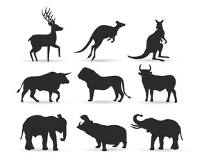 set of silhouette designs of wild animals, deer, kangaroo, bison, lion, elephant and hippopotamus, vector illustration