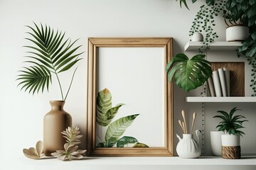 A vintage white shelf holds a wooden frame and flowers. Generative AI