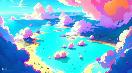 Fototapeta na wymiar Sumptuous Beach Anime Wallpaper 4K, Vibrant colors, Water, clouds, Generative AI, Digital Art