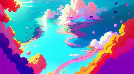 Sumptuous Beach Anime Wallpaper 4K, Vibrant colors, Water, clouds, Generative AI, Digital Art